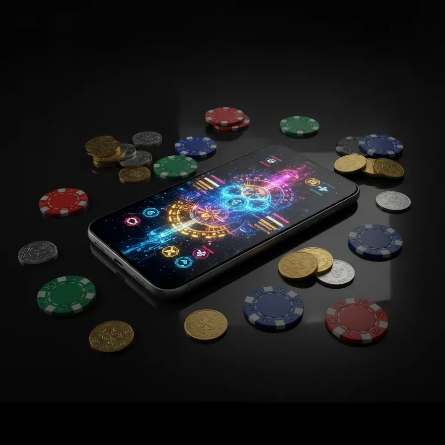 Smartphone avec interface de jeu lumineuse à côté de jetons et de pièces